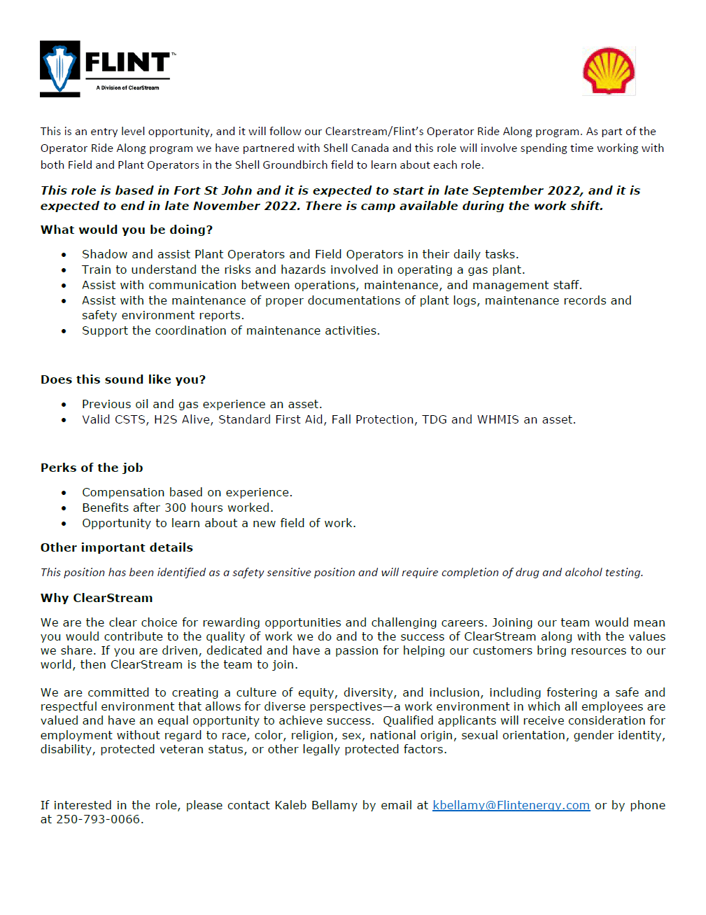 Flint / Shell Operator Ride Along Program West Moberly First Nations