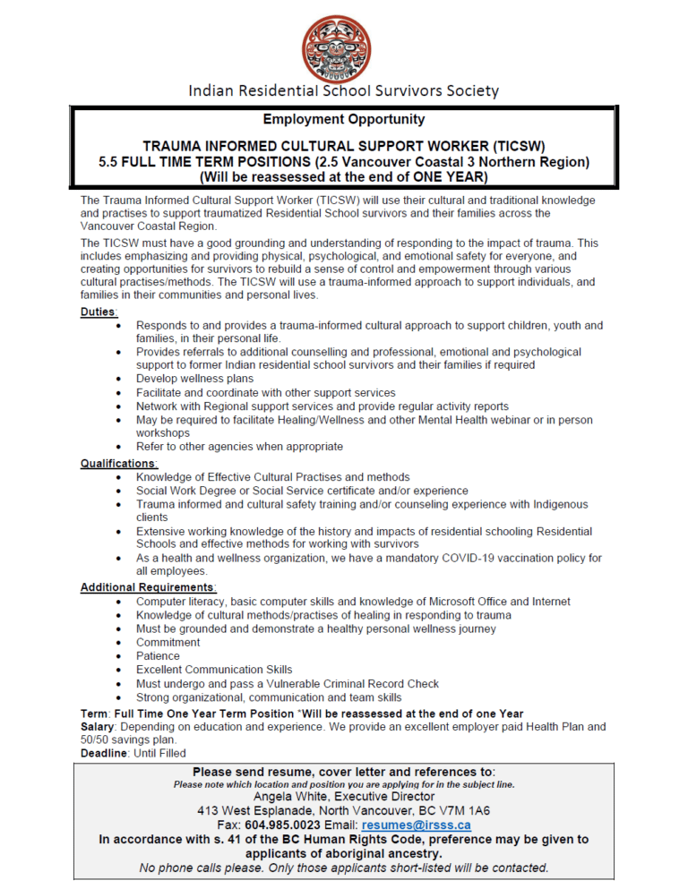 Indian Residential School Survivors Society Employment Opportunities